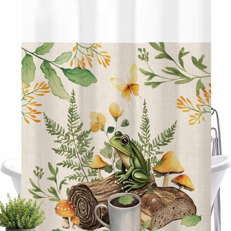 No Hooks Shower Curtain with Snap in Fabric Liner Set, Pastoral Coffee Frog Mushroom Shower Curtains Waterproof & Washable Bathroom Curtain with See Through Top Window,Hotel Style,72x84in