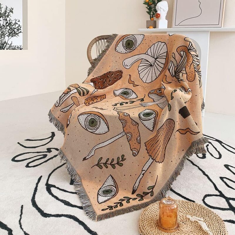 Eyes Mushroom Throw Woven Blanket with Tassel for Home Decoration Chair Couch Sofa Bed Beach Travel Picnic Cloth Tapestry Shawl Cozy Cotton (Orange 63×51 Inches)