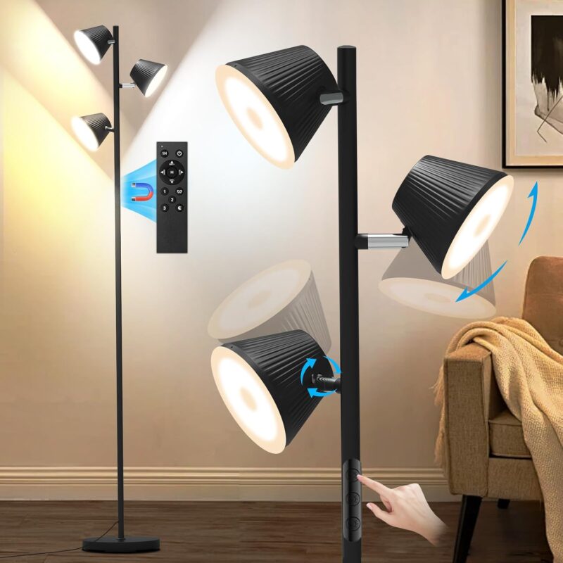 【2025 New】LED Tree Floor Lamp, 42W 4500 LM(3 x 1500 LM) Modern Dimmable Standing Lamp with Remote Touch Control, 4 Color Temperatures, 3 Rotatable Light Floor Lamps for Living Room, Bedroom, Office