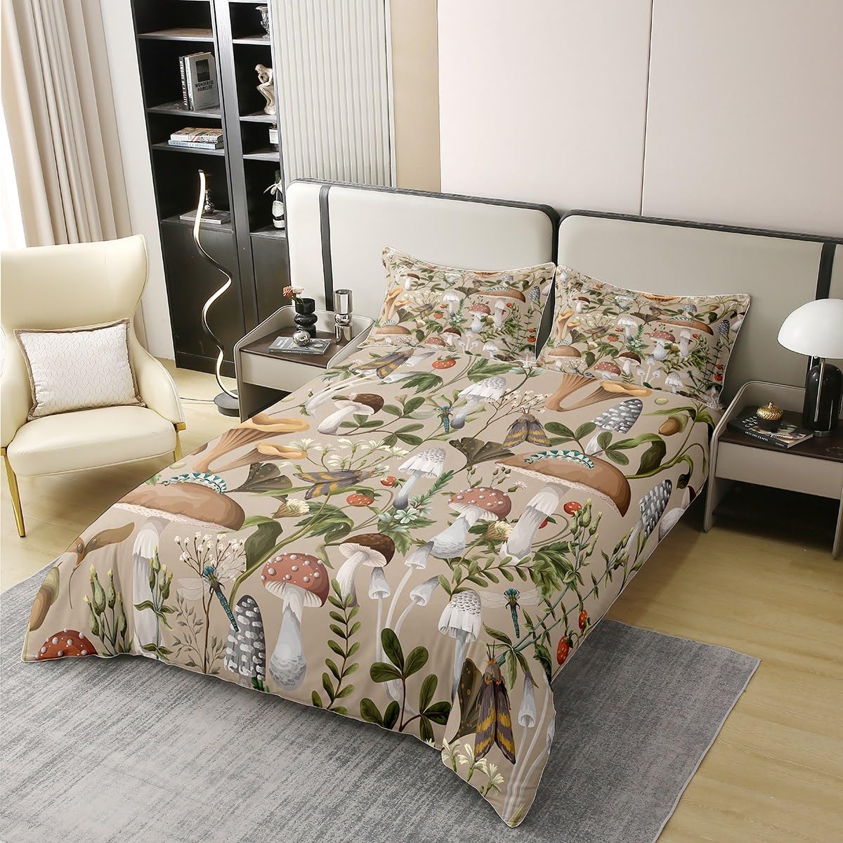 711xRTWQ8DL._AC_SL1200_.jpg Mushroom 100% Cotton Duvet Cover Queen Watercolor Wild Jungle Plants Rustic Style Bedding Set for Kids Teens Adults Wild Dragonfly Moth Cute Strawberry Comforter Cover with 2 Pillowcases(No Comforter) - Image 2