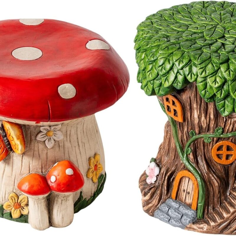 14''W Mushroom House Statue + 13''H Fairy House Statue Outdoor Statues Garden Resin Stool Over-Sized Sculpture Forest Pedestal Spring Decor for Home Courtyard Lawn Patio Summer Ornament Indoor Stool