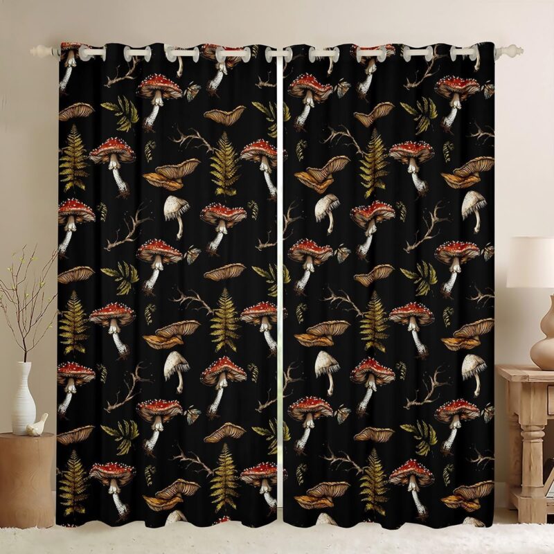 Castle Fairy Mushroom Kids Window Curtains,Jungle Red 3D Plants Window Drapes for Boys Men,Natural Plants Rustic Style Window Treatments Grommet Top 2 Panel Set,52Wx84L Inch