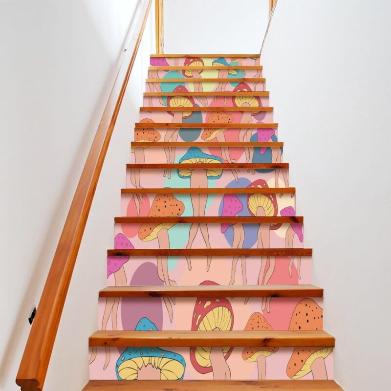 Funny Mushroom Stair Stickers Abstract 70s 80s Cool Hippie Psychedelic Theme Mushroom Butt Pattern for House Stairs Decoration 2 Set(26 Pieces