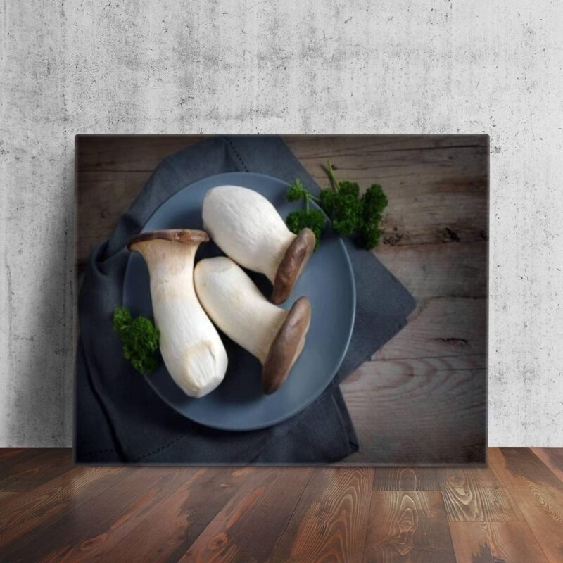 Wall Art Painting Pictures King oyster mushrooms Pleurotus eryngii on a blue plate and a dark Framed Poster Prints on Canvas Artwork for Living Room Bedroom Bathroom Home Office Decor Ready to Hang