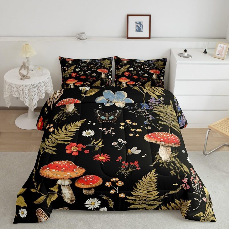 Feelyou Mushroom Comforter Set Full Size Boho Comforter Southwest Native American Design Bedding Set Butterfly Duvet Set Room Decor Carbon Black Quilt Set