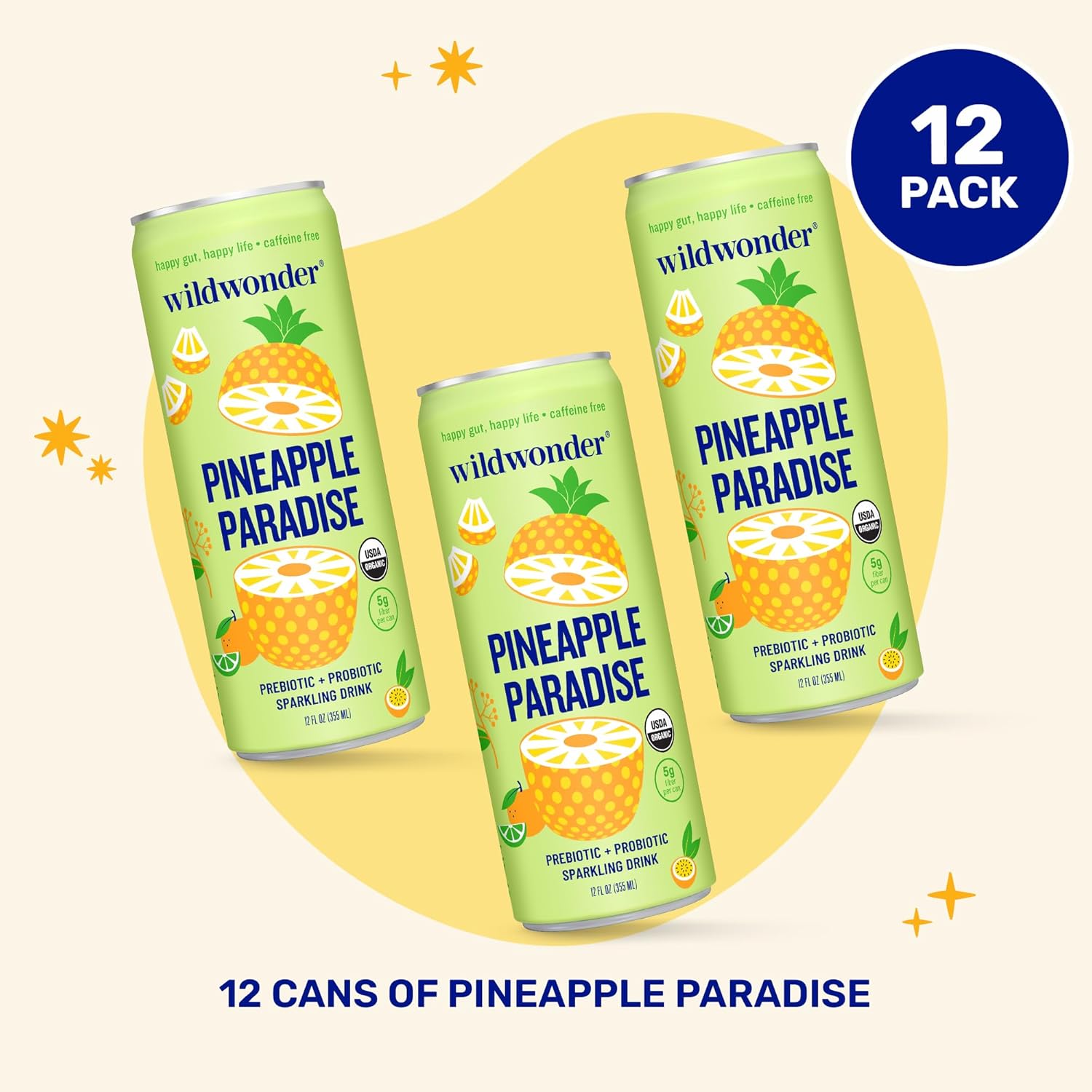 713kfxjqwwL._SL1500_.jpg wildwonder Sparkling Probiotic Drink 12pk, For Gut Health & Immune Support, Pineapple Paradise, 5g Prebiotic Fiber, Live Probiotics, Organic, Vegan, Low Sugar, 12 Pack, 12oz Can, As Seen on Shark Tank - Image 3