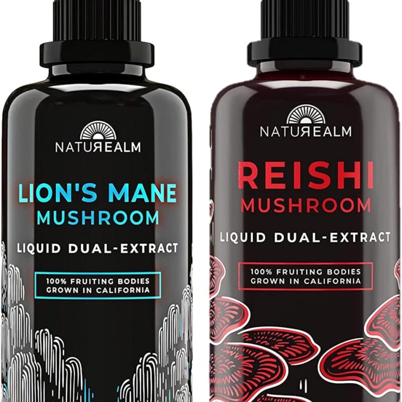 Naturealm Reishi & Lion’s Mane Mushroom Extract - Adaptogen Stack for Focus, Immunity, Longevity, Gut Health, Anti-Aging, Energy & More - Organic Liquid Drops - 50 mL Each (2 Pack)