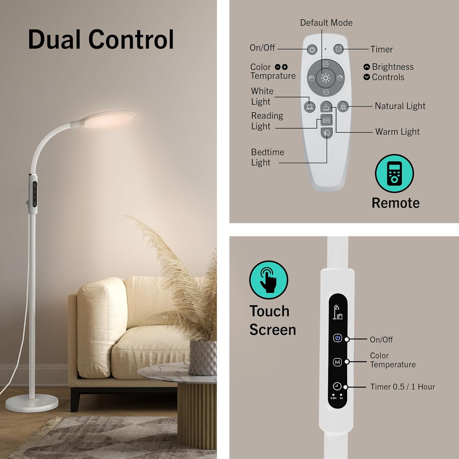 714KctZpFdL._AC_SL1500_.jpg PRIMETEK Happy Light 10000 Lux Mood Lamp, Dual Control Remote,Touch Screen Sad Lamp, Adjustable LED Floor Lamp, UV-Free Sun Light, 5 Color Temperatures 10 Brightness Levels Happy Lights (White) - Image 4