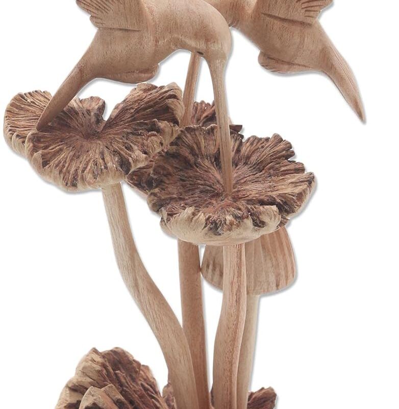 NOVICA Handcrafted Wooden Figurines: Hummingbirds and Mushrooms Sculpture, a Distinctive Home Decor and Art Piece, Hummingbirds and Mushrooms'