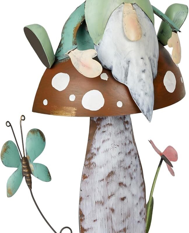Alpine Corporation - Metal Gnome with Mushroom – 20" Tall Durable Iron Garden Statue, Whimsical Outdoor Décor for Patio, Lawn, Yard (Multicolor)