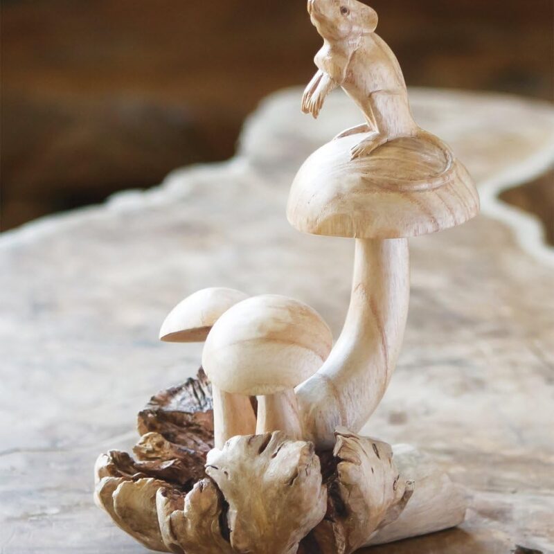 Garden Age Supply Little Standing Mouse on Mushrooms Parasite Wood Carving Figurine