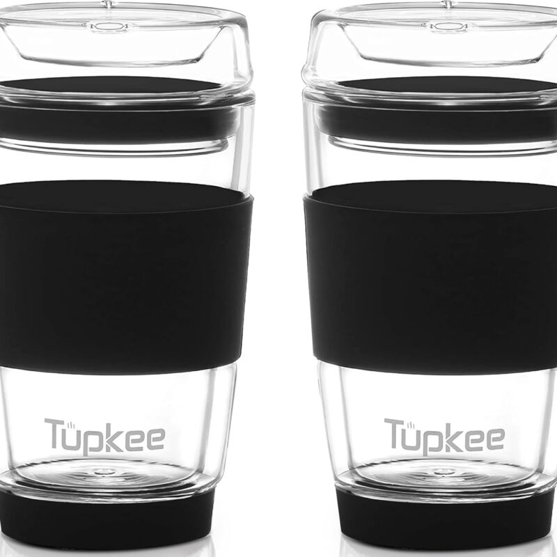 Tupkee Double Wall All Glass Tumbler - 8-Ounce, Reusable Insulated Tea/Coffee Mug & Lid, Hand Blown Glass Travel Mug - Black - 2 Pack