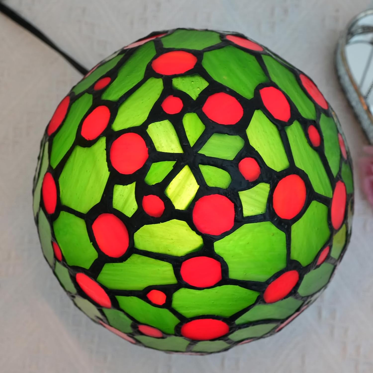 716FMr0AB6L._AC_SL1500_.jpg Tiffany Style Stained Glass Green Red Mushroom Table Lamp Bedroom Bedside Office Art Nightstand Accent Small Night Light Unique Esthetic Cute Kids Girls Decor Vintage Home Ceramic Desk Lamp - Image 6