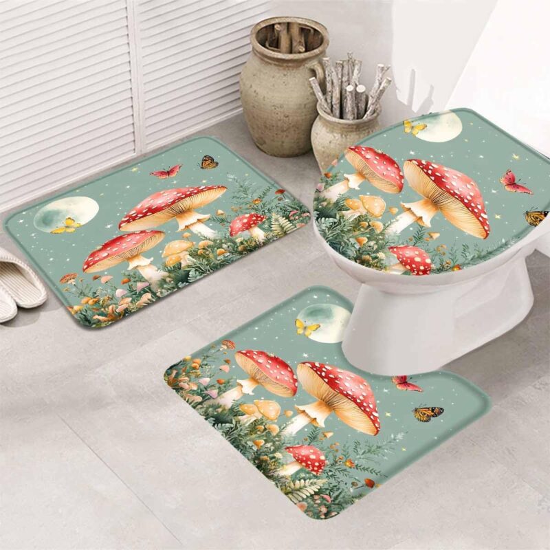 Red Mushroom Bathroom Rugs Mat Sets 3 Piece, Butterfly Green Leaf Flower Moon Spring Bath Shower Rugs with U-Shaped Contour Toilet Mat, Large Absorbent Bathtub Runner Accent Throw Floor Doormat