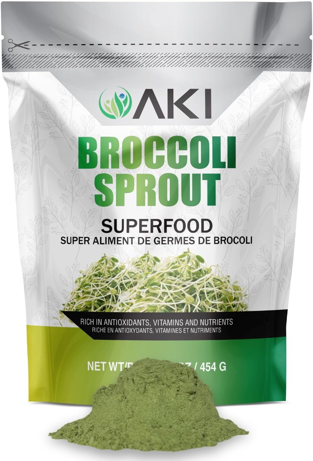 717iiA-nCkL._AC_SL1500_.jpg AKI Broccoli Sprout Powder - Ideal in Vitamins & Sulforaphane - Superfood for Green Veggie Smoothie Beverage or Meal - Non GMO (16oz/454g)