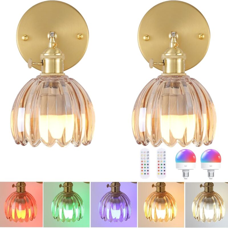 Vintage Battery Operated Wall Sconce with Amber Tulip Glass Lampshade Wireless Rechargeable Battery Powered Wall Light with Remote Control for Bedside Bedroom Doorway, Set of 2