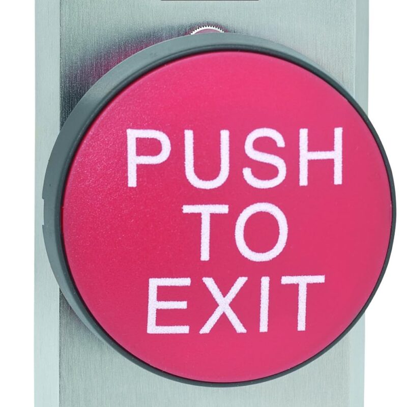 SCHLAGE Electronics 625RD EX Heavy Duty Pushbutton, 2-3/4" Mushroom Button, Plate in Satin Chrome Finish, Red"Push to EXIT" Button