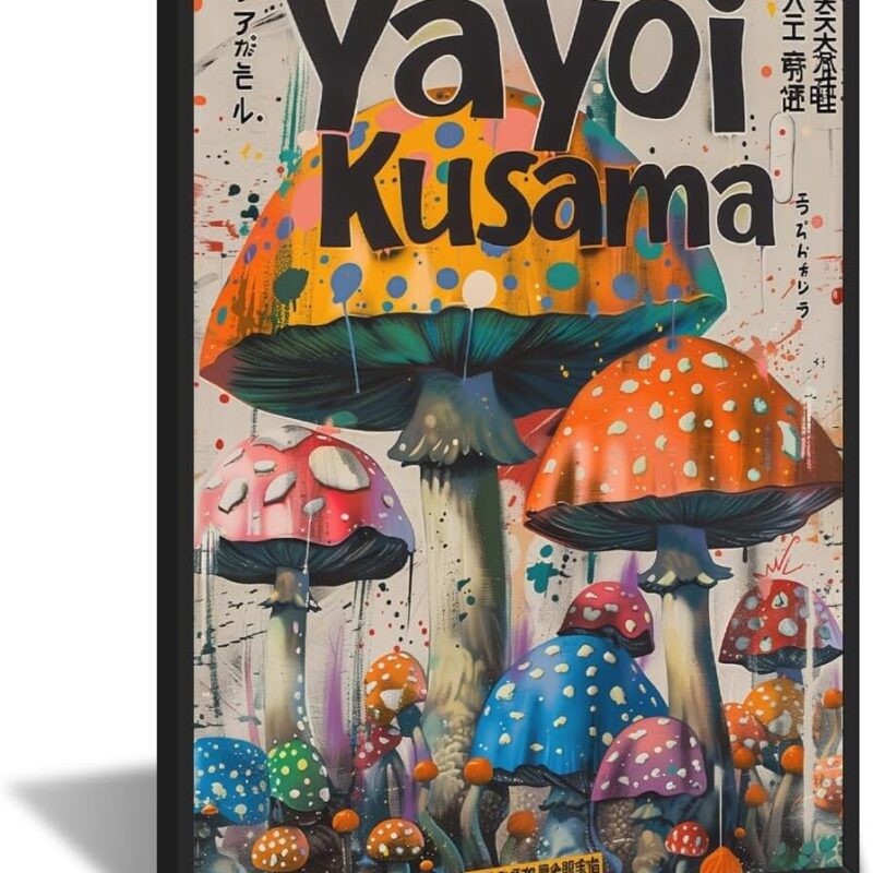 Classic Yayoi Kusama Mushrooms Wall Art Vintage Yayoi Kusama Exhibition Poster Canvas Poster Japanese Colourful Orange Prints Japanese Kitchen Art Room Aesthetics Wall Decor 24x36inch black framed