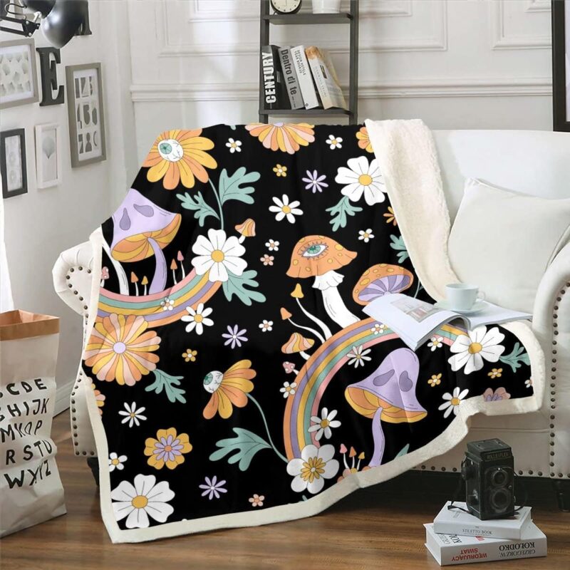 Trippy Mushroom Throw Blanket for Couch - Groovy Floral Fleece Queen Size - Cute Rainbow Sherpa - Two Groovy Party Boho Hippie Retro Decorations - Fuzzy