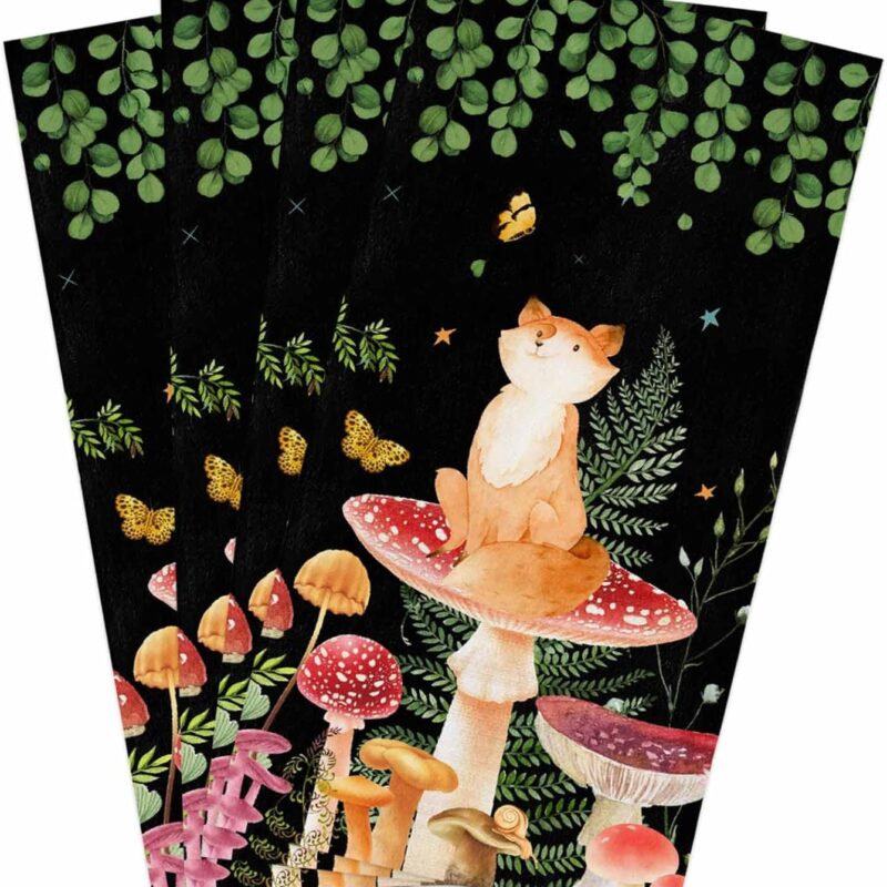 Spring Mushroom Kitchen Towels 18"x28" Absorbent Cleaning Cloths for Drying Dish,Kitchen Rags Soft Terry Hand Tower Washable Dish Towel Dish Dishcloths Forest Fox Eucalyptus Botanical Herb Black 4 PCS