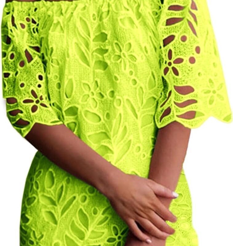 PRETTYGARDEN Women's Summer Off Shoulder Vintage Floral Lace Flare Short Sleeve Loose Elegant Mini Dress