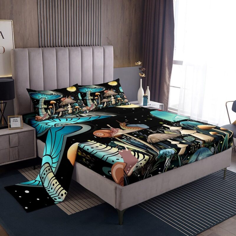 Manfei Watercolor Mushroom Bed Sheet Queen Set,Nature Burgundy Plant Sheets Sets Adults Bedroom Decor,Botanical Leaves Starry Moon Night Bedding Set with Flat,Fitted Sheet,2 Pillow Cases