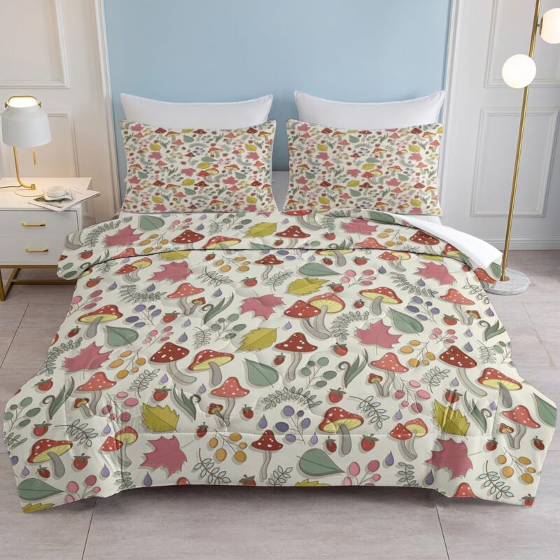 SOULZZZ Cute Mushroom Comforter Twin Natural Wild Plant Leaf Red Mushroom Bedding Set Farmhouse Botanical Beige Comforter with 2 Pillow Shams