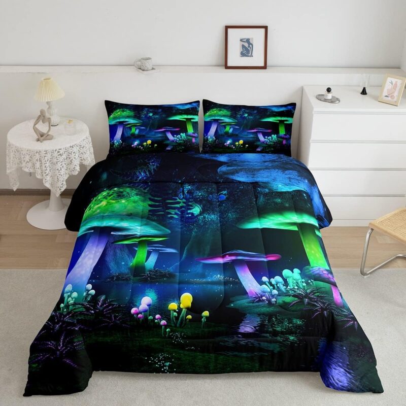Feelyou Mushroom Comforter Set Galaxy Starry Sky Bedding Set for Kids Boys Girls Green Purple Mushroom Comforter Trippy Fantasy Inner Fill Duvet Set 1 Comforter Set with 2 Pillowcases Queen Size