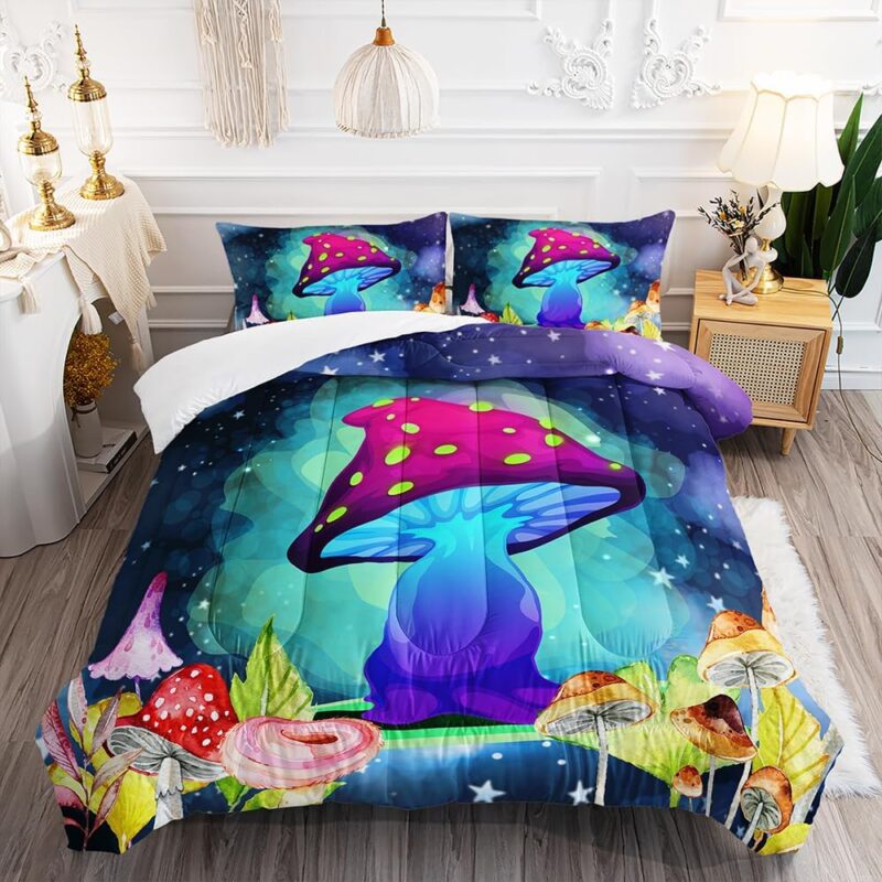 Rainbow Mushroom Comforter Set for Girls Kids Teens, Queen Size Fantasy Neon Botanical Flower Fungus Colorful Plant Quilted Duvet with 2 Natural Wild Plants Pattern Pillowcases-90 x90 (01, Queen)