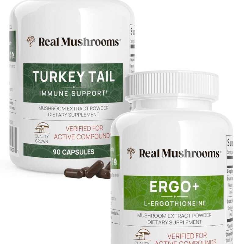Real Mushrooms Ergothioneine (60ct) and Turkey Tail (90ct) Bundle with Shiitake and Oyster Mushroom Extracts - Longevity and Immunity with Highest Levels of Beta-Glucans - Vegan, Gluten Free, Non-GMO