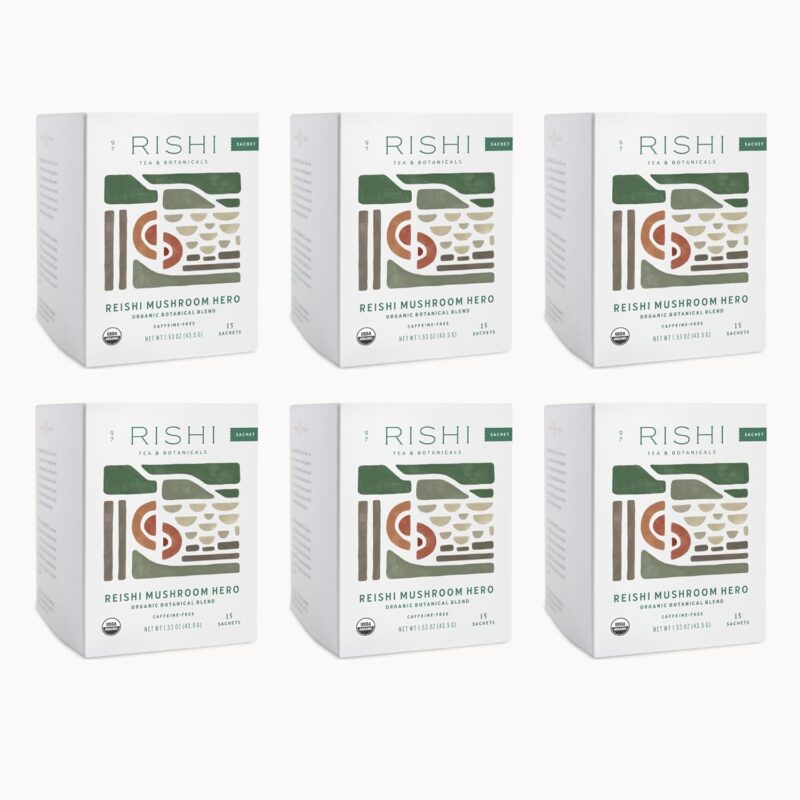 Rishi Tea Reishi Mushroom Hero Herbal Tea - Organic Direct Trade Loose Leaf, Caffeine Free Coffee Replacement for Energy & Focus - 15 Count (Pack of 6)