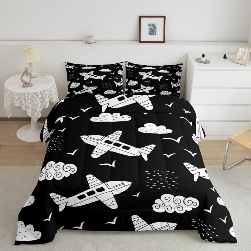 Erosebridal Kids Aircraft Comforter Set Twin Size,Black and White Airplane Bedding Set for Boys Girls Child Toddler,Cartoon Flying Plane Flight Duvet Insert,Paper Airplane Down Comforter 2 Piece