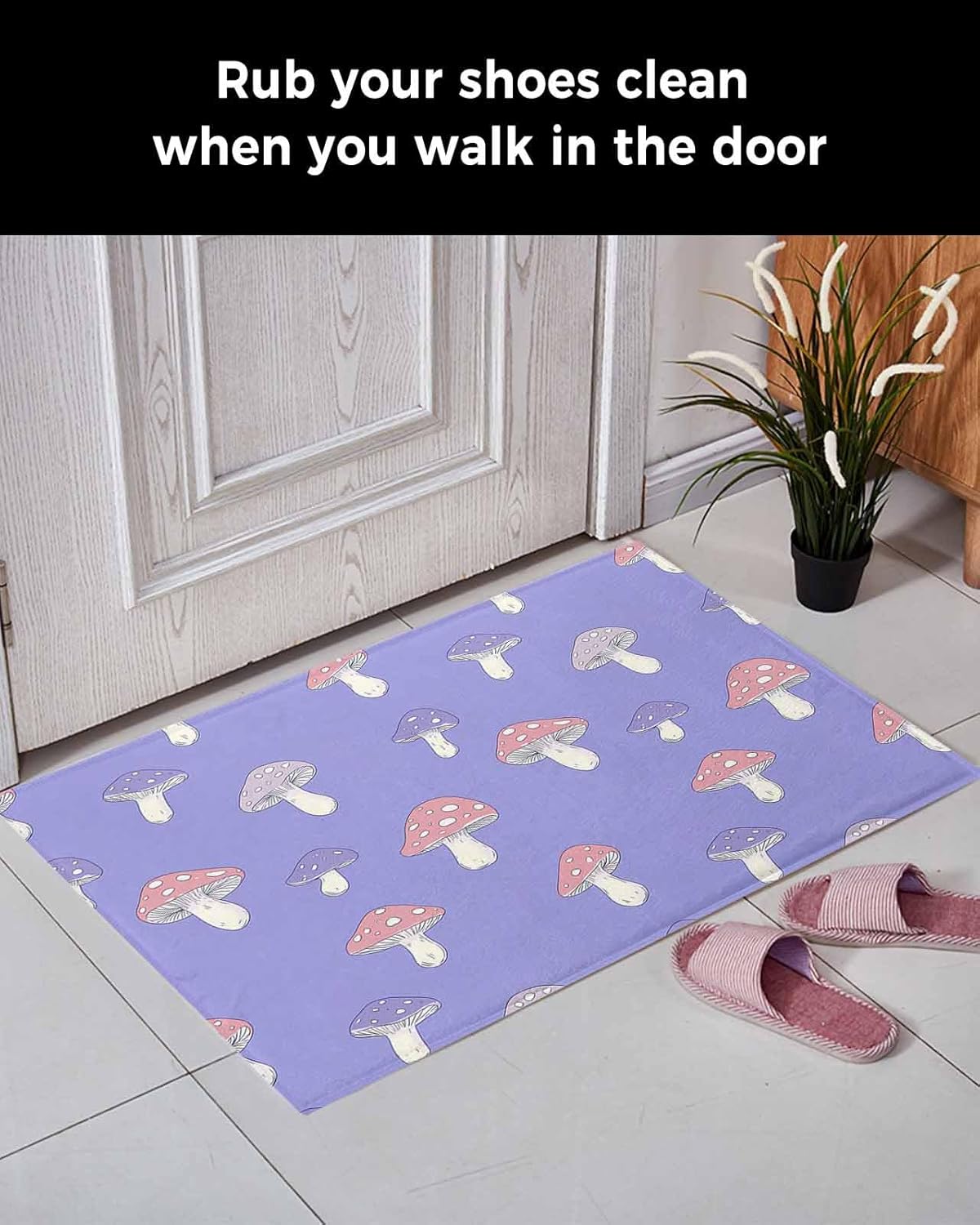 71GJtgc9s4L._AC_SL1500_.jpg DecorLovee Purple Mushroom Furry Door Mat Fluffy Area Rug - 24" x 35" Non-Slip Absorbent Bathroom Rugs, Spring Botanical Washable Indoor Carpet Runner for Bedroom Laundry - Image 3