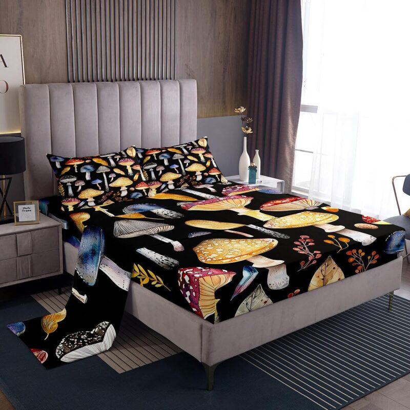 Mushroom Sheet Set Jungle Leaves Mushrooms Bedding Set Watercolor Wild Fungus Bed Sheets Teens Room Decor Orange Black Bed Set (Queen Flat Sheet & Fitted Sheet with 2 Pillow Case)