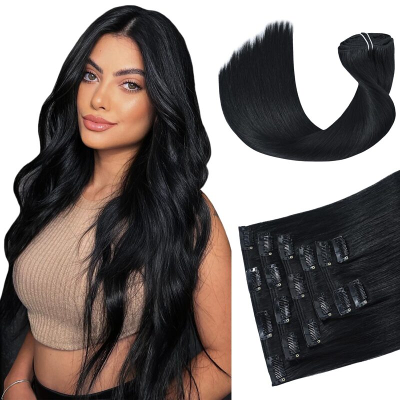 HUAYI Black Clip in Hair Extensions Real Human Hair 22 Inch 120g #1 Jet Black Hair Extensions Clip ins Human Hair Natural Hair Extensions Clip in Full Head 7pcs