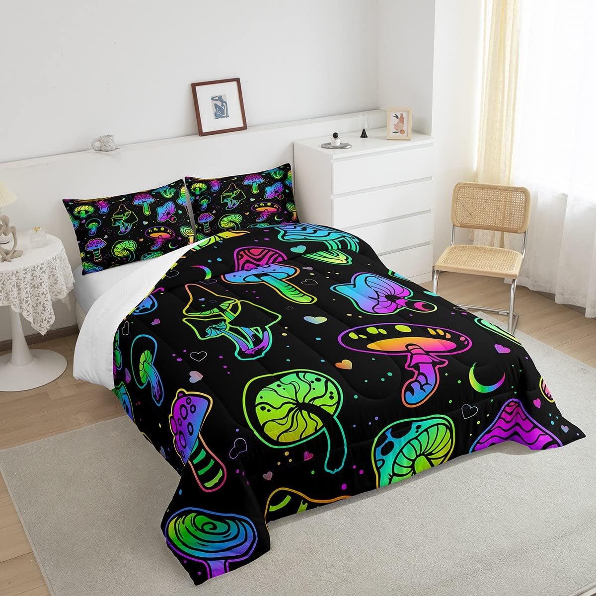 71JA8DxkCUL._AC_SL1200_.jpg Erosebridal Mushroom Comforter Set Queen,Kawaii Glowing Botanical Bedding Set Wild Plants Down Comforter for Kids Girls Teens Women Cartoon Teal Purple Neon Mushroom Room Decor Quilt Duvet Set, 3Pcs - Image 3