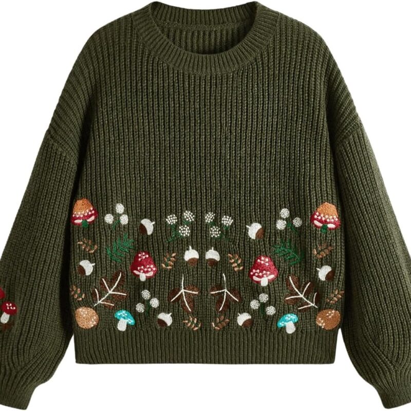 SHENHE Women's Oversized Embroidered Mushroom Sweater Crewneck Chunky Knit Sweater Pullover