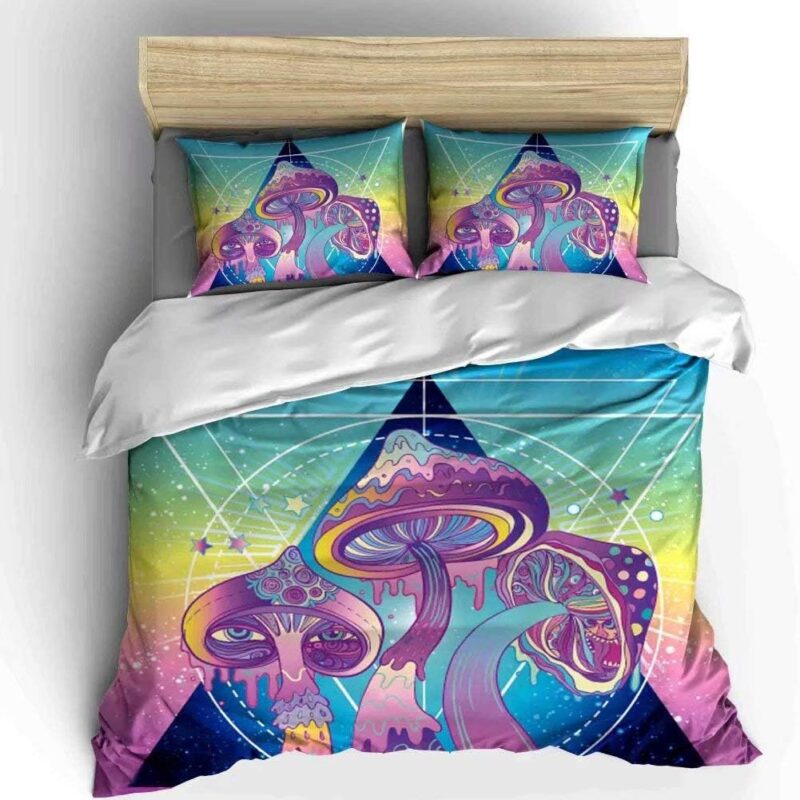 Mushroom Medallion Duvet Cover Set, Cartoon Purple Mushroom Trippy Drawing 60s Hippie Shamanic Printed Quilt Cover Bedspread Bedding Set with 2 Pillow Shams, King Size