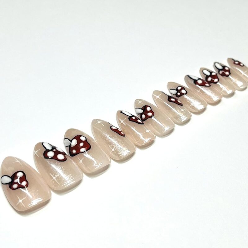 Mushroom Galore Press Ons (Almond Short), Hand-Painted Design, 12 Premium Gel Tips