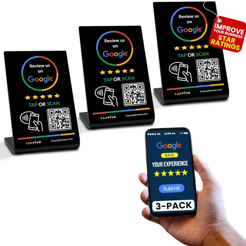Tap Google Review Stands (3-Pack) by TapFive - Tap for Instant Reviews - All Phones Compatible - Reusable Smart Tap NFC & QR - Boost Business Reviews Zappy Fast - Powered by TapFive (Black, 3 Stands)