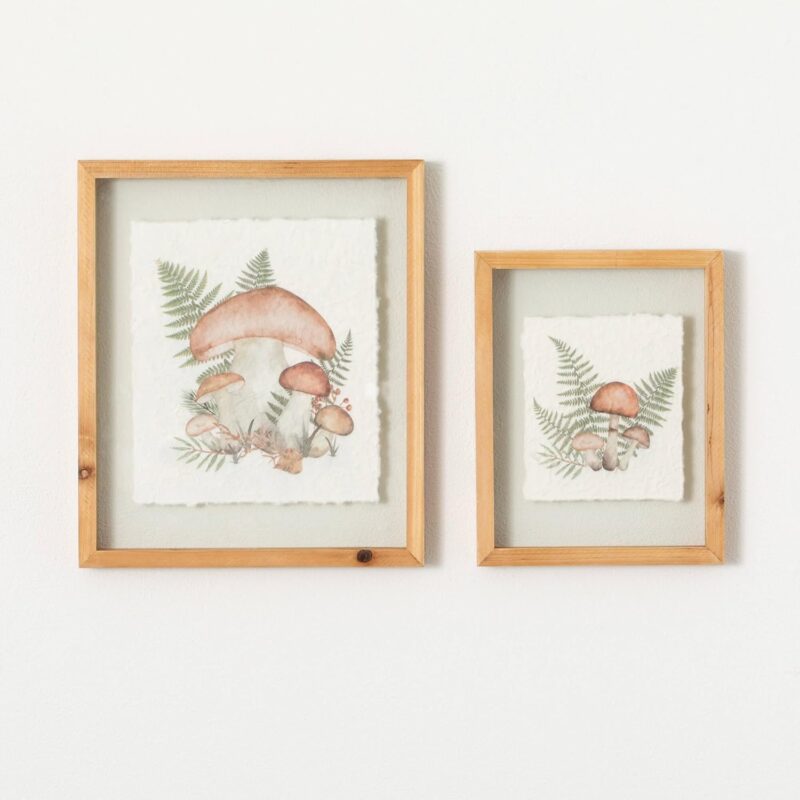 Sullivans Wall Décor, Wall Art Mushroom Set of 2, 13" & 10" Fern & Mushroom Design Handmade Paper in Natural Wood Frame Textured Artwork Rustic Cottage Core Decor Decorations Hanging Art Bedroom Office Home