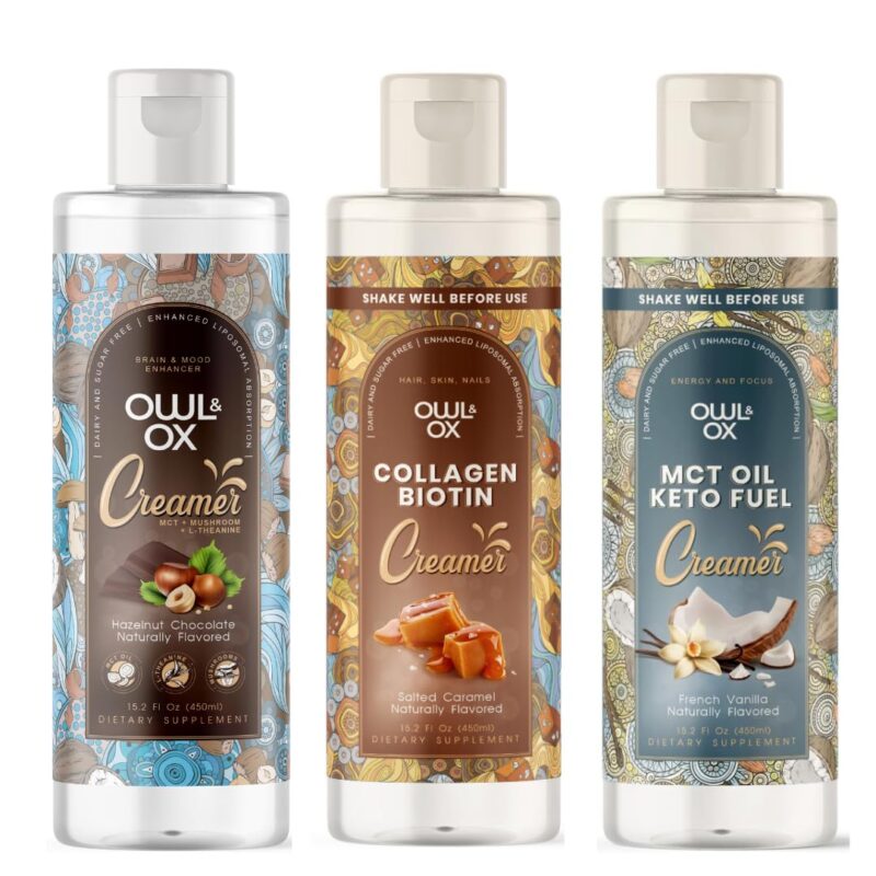 Owl & Ox Creamer Variety Pack - Mushroom, Collagen, MCT Bundle | Chocolate Hazelnut, Salted Caramel and Vanilla Flavors | 3 x Bottles