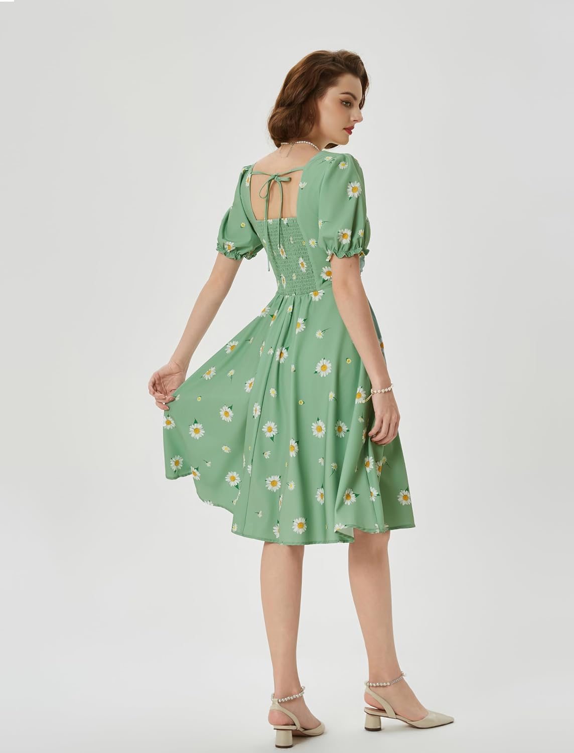 71OzOlrcayL._AC_SL1500_.jpg Belle Poque Vintage Dress for Women 1950s Cottagecore Cocktail Dresses Square Neck Puff Sleeve Dress with Pockets - Image 3