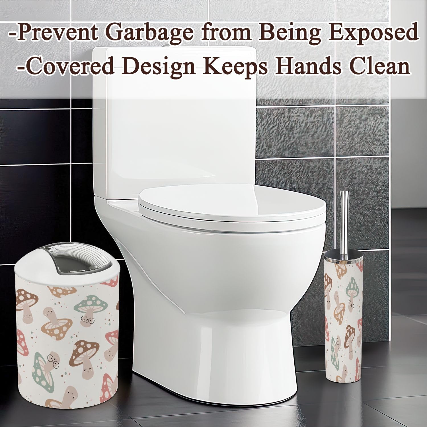 71QAmBhUtL._AC_SL1500_.jpg 6 Piece Bathroom Accessories Set Hand Drawn Seamless Pattern Cute Kawaii Mushrooms Cute Drawing Doodle Trash can Toilet Brush Holder Toothbrush Holder Toothbrush Cup Soap Dispenser Soap Dish Boho - Image 7