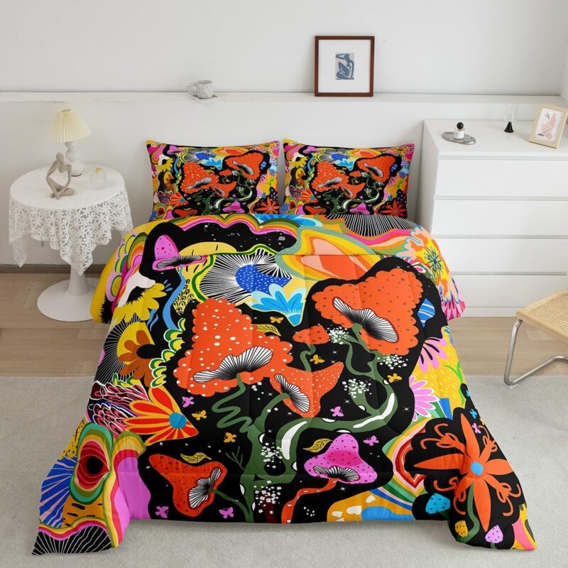 Feelyou Eye Mushroom Comforter Cover Set Mushrooms Print Comforter Set for Boys Girls Children Kawaii Fungus Wild Mushroom Stuff Colorful Bedding Set Room Decor Queen Size Duvet Set 3Pcs