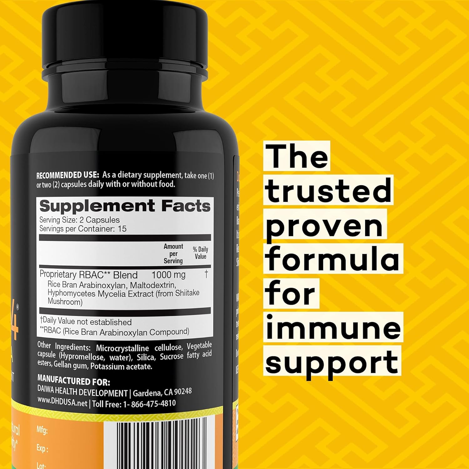 71QzjhRk-eL._AC_SL1500_.jpg Daiwa PeakImmune4 Natural Immune Support Supplement with RBAC Rice Bran and Mycelia Extract from Shiitake Mushrooms - Ultra Strength - Image 2