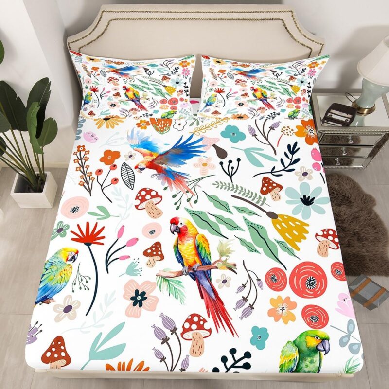 Cute Parrot Fitted Sheet Mushroom Floral Queen Bed Sheets for Girls,Cartoon Animal Sheets Watercolor Flowers Leaves Toddler Bedding Set for Girls Kids Children,Kawaii Room Decor