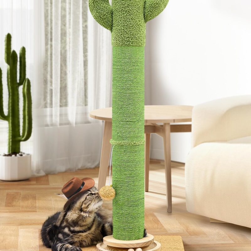 SC37 Extra Thick Scratching Posts for Indoor Large Cats Adults, 37inch Cactus Cat Scratching Post Cat Scratcher Cute Sisal Scratching Post with Modern Wooden Ball Tracking Interactive Toys