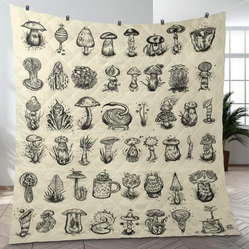 Cute Aesthetic Mushroom Quilt, Vintage Hand Drawn Mushrooms, Nature Inspired Quilt Blanket, Comfortable Warmth Soft Quilt (230x280cm / 91x110 inches)