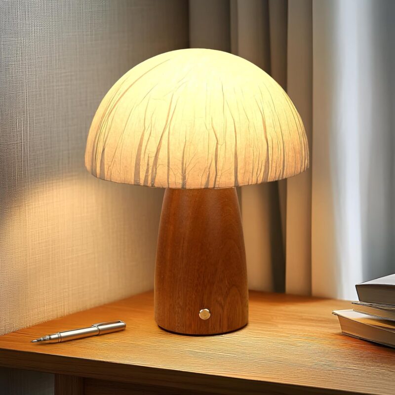 Wood Mushroom Table Lamp, LED Small Bedside Touch Lamp, Rechargeable Portable Cordless Battery Operated Lamps for Night Stands Living Room, Bedroom,Office, Night Light for Birthday Gifts